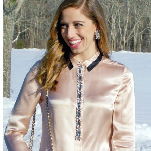 Tory Burch Silk Beaded Crystal Collar Long Sleeve Blouse Shirt Size 12 - Picture 14 of 17